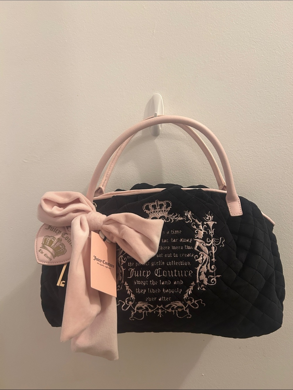 Juicy Couture Black Quilted Satchel with Pink Bow and Handles